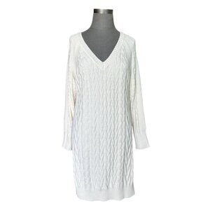 Black Tape Cable Knit Sweater Dress White V-Neck Long Sleeve Tunic Dress M NWOT
